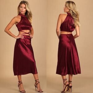 NWOT Lulu's Fierce Vision Wine Red Jacquard Print Satin Cutout Midi Dress Medium